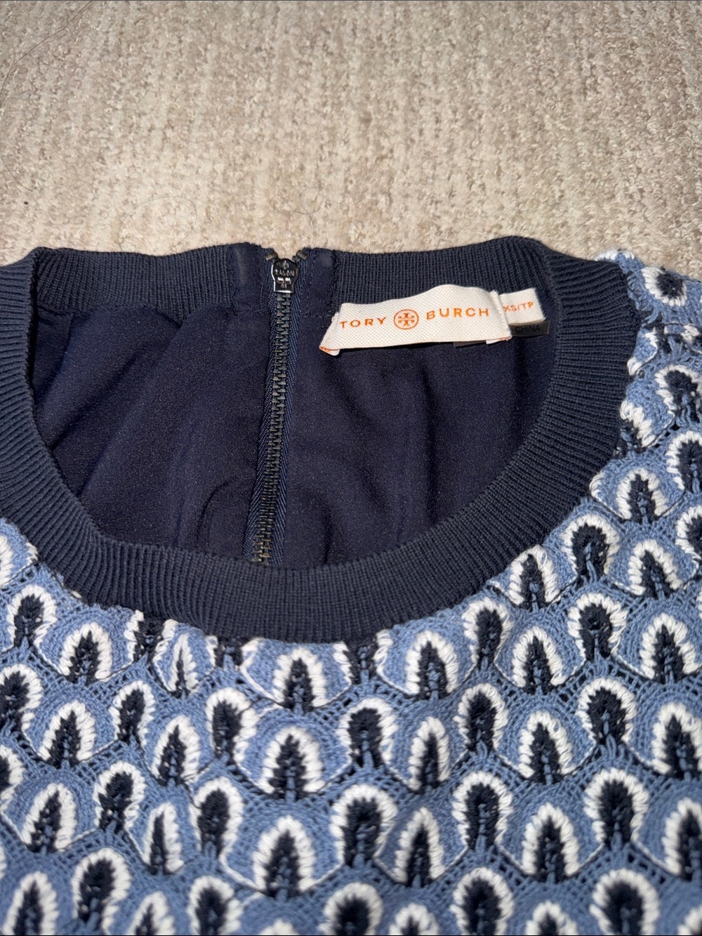 Tory Burch Beverly Dress Women XS Blue Feather Crochet Cotton Lined Mini - Picture 7 of 13